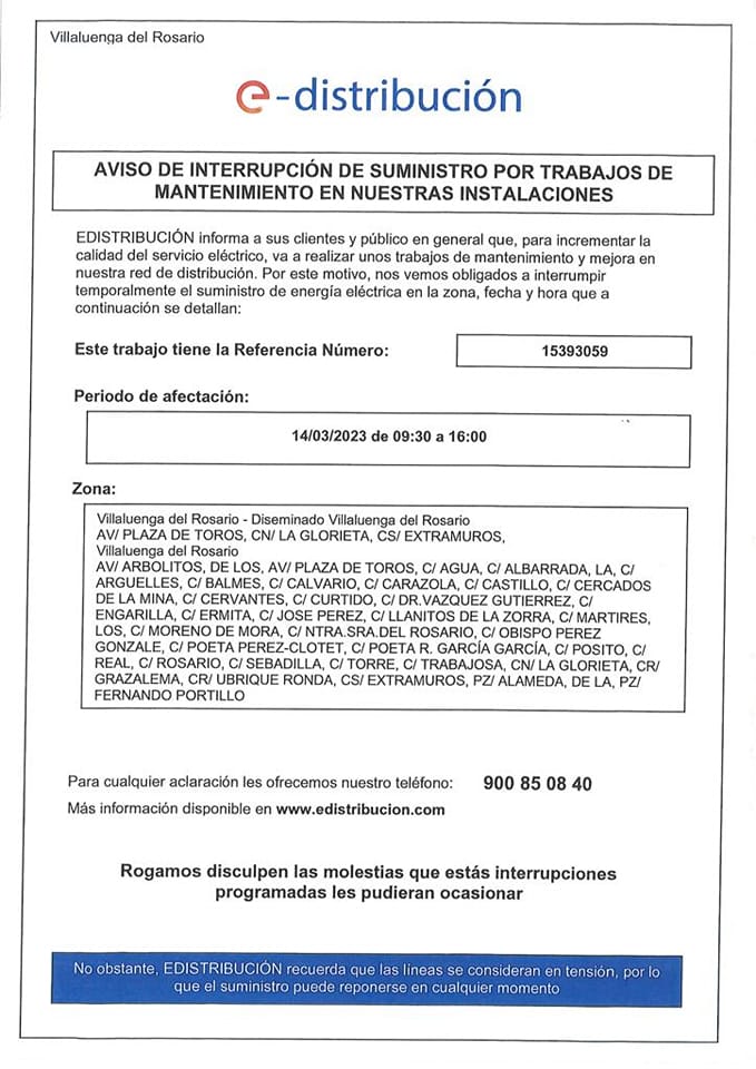 CORTE DE LUZ POR TRABAJOS DE MANTENIMIENTO Y MEJORAS DE RED