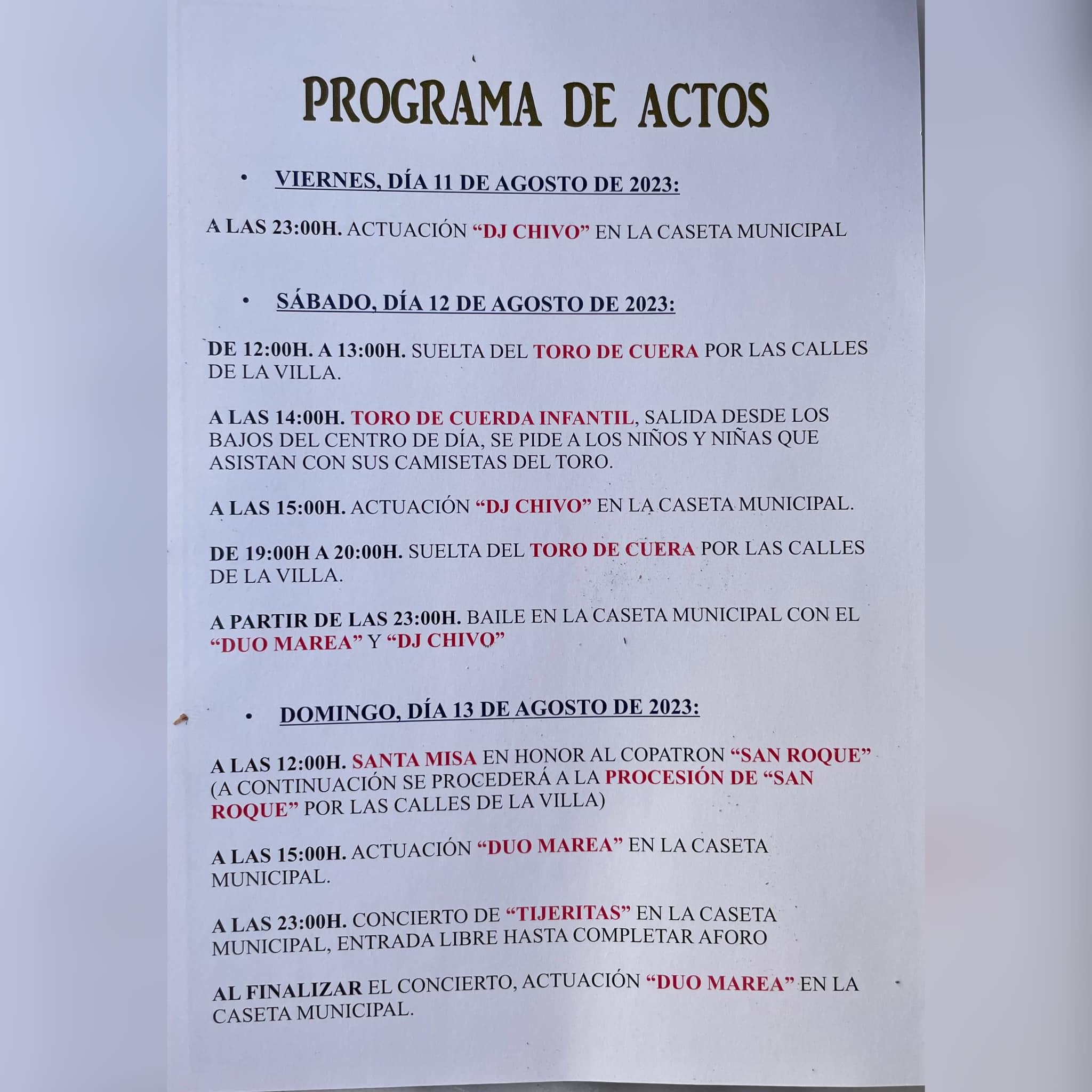 PROGRAMA DE ACTOR FIESTAS TORO DE CUERDA 2023