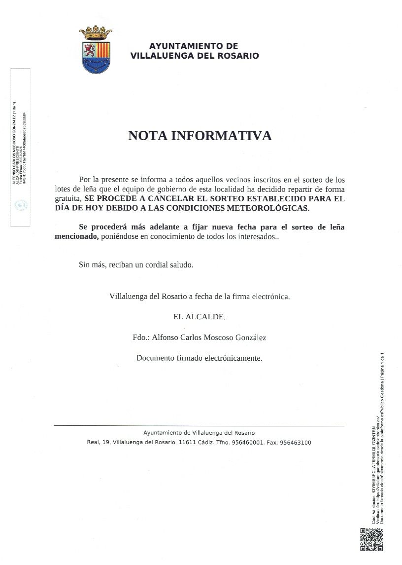 NOTA INFORMATIVA AYUNTAMIENTO VILLALUENGA: CANCELACIÓN SORTEO LOTES DE LEÑA