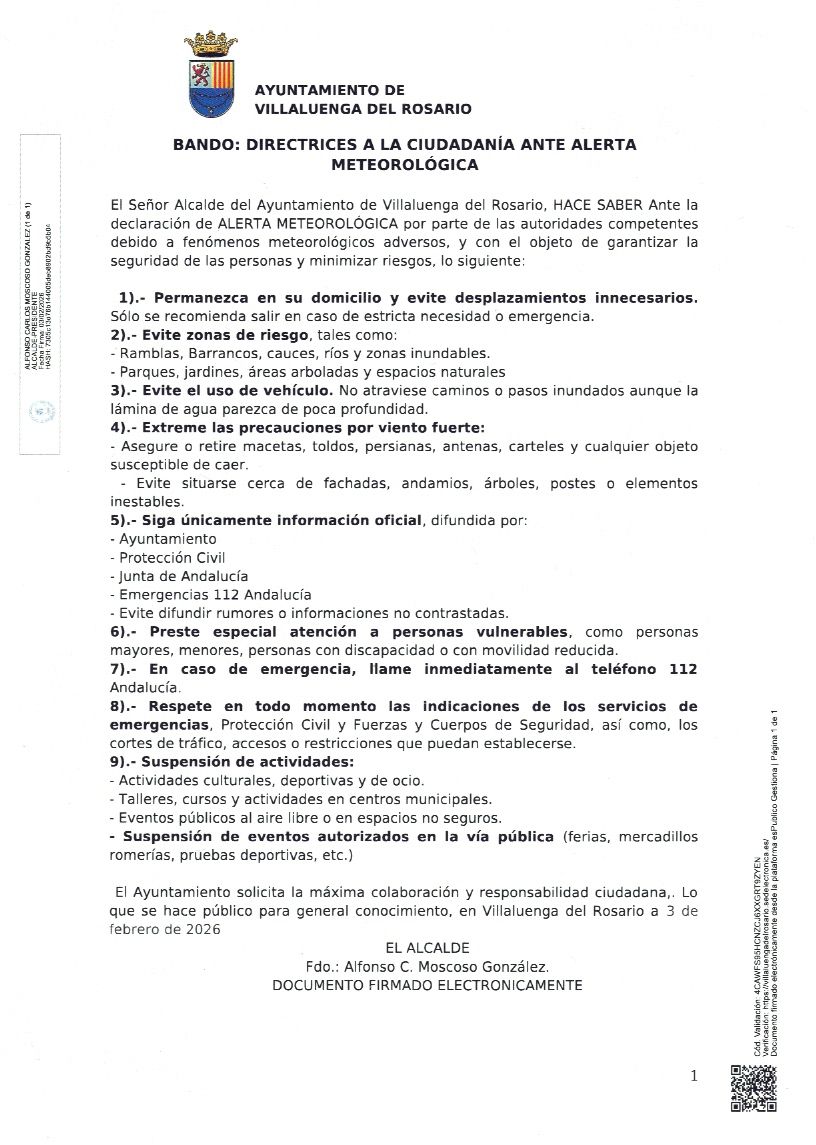 BANDO MUNICIPAL: DIRECTRICES A LA CIUDADANÍA ANTE LA ALERTA METEOROLÓGICA