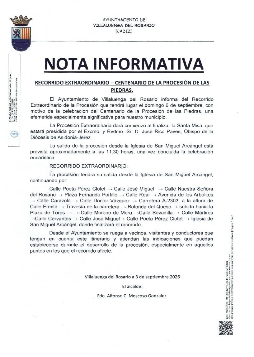 NOTA INFORMATIVA: RECORRIDO DE LA PROCESIÓN EXTRAORDINARIA DEL CENTENARIO DE LA PROCESIÓN DE LAS PIEDRAS