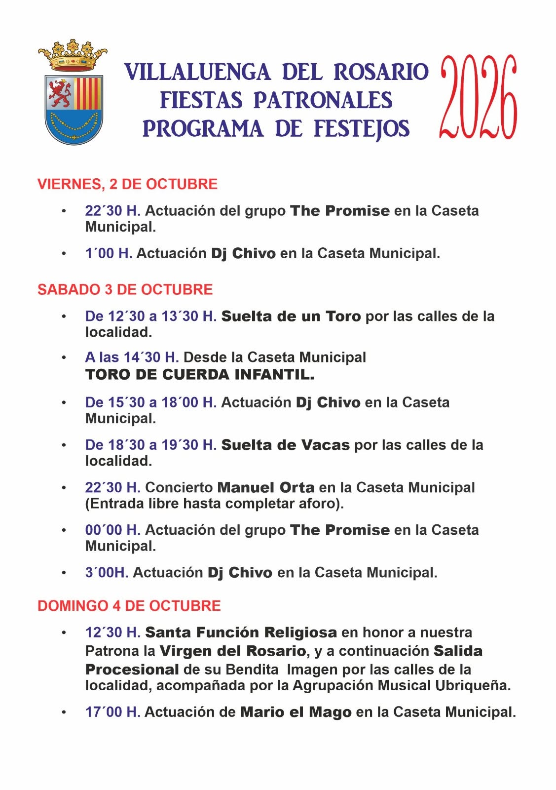 PROGRAMACIÓN DE LAS FIESTAS PATRONALES DE VILLALUENGA DEL ROSARIO 2026