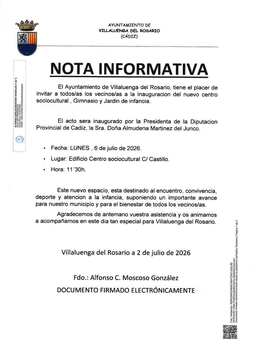 NOTA INFORMATIVA: INVITACIÓN A LA INAUGURACIÓN DEL NUEVO CENTRO SOCIOCULTURAL DE VILLALUENGA DEL ROSARIO