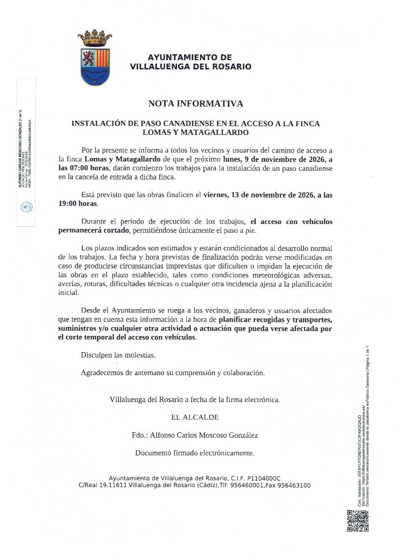 NOTA INFORMATIVA: CORTE TEMPORAL DE ACCESO A LOMAS Y MATAGALLARDO