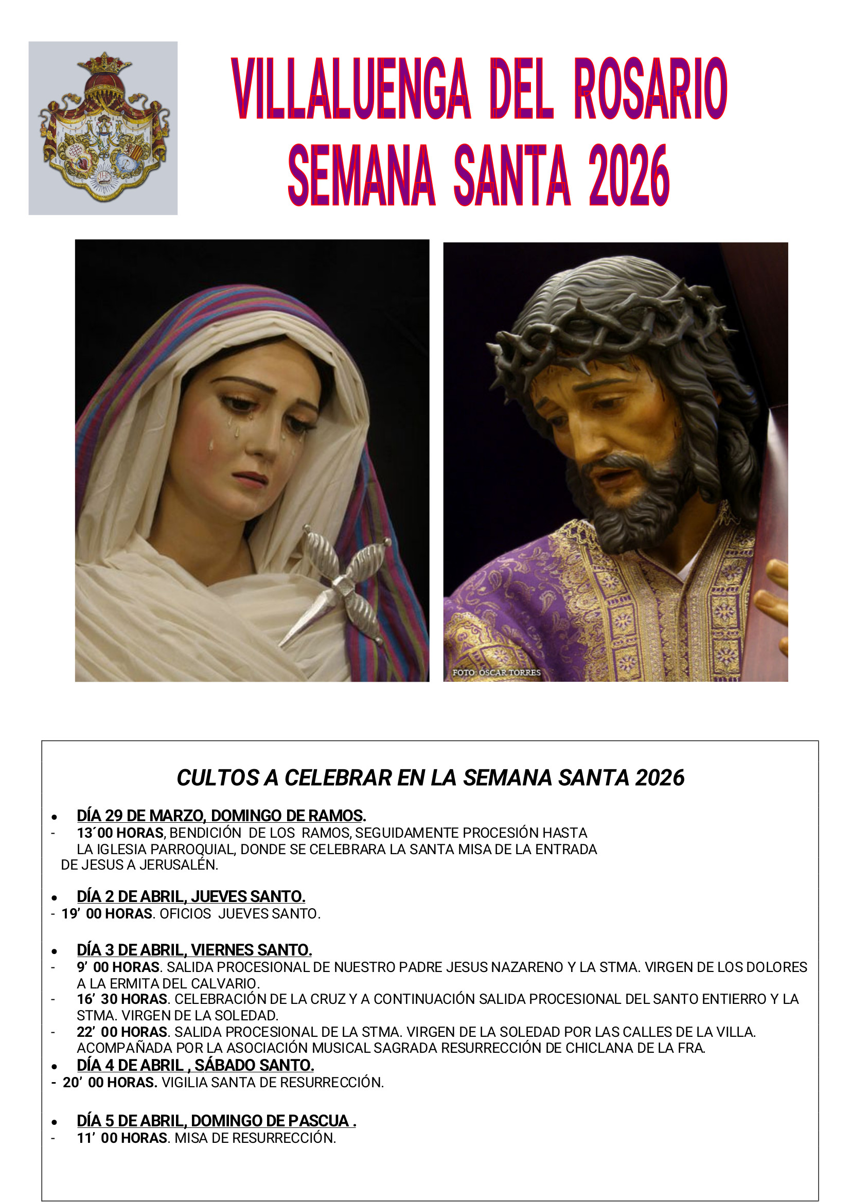 CULTOS A CELEBRAR EN LA SEMANA SANTA 2026 DE VILLALUENGA DEL ROSARIO