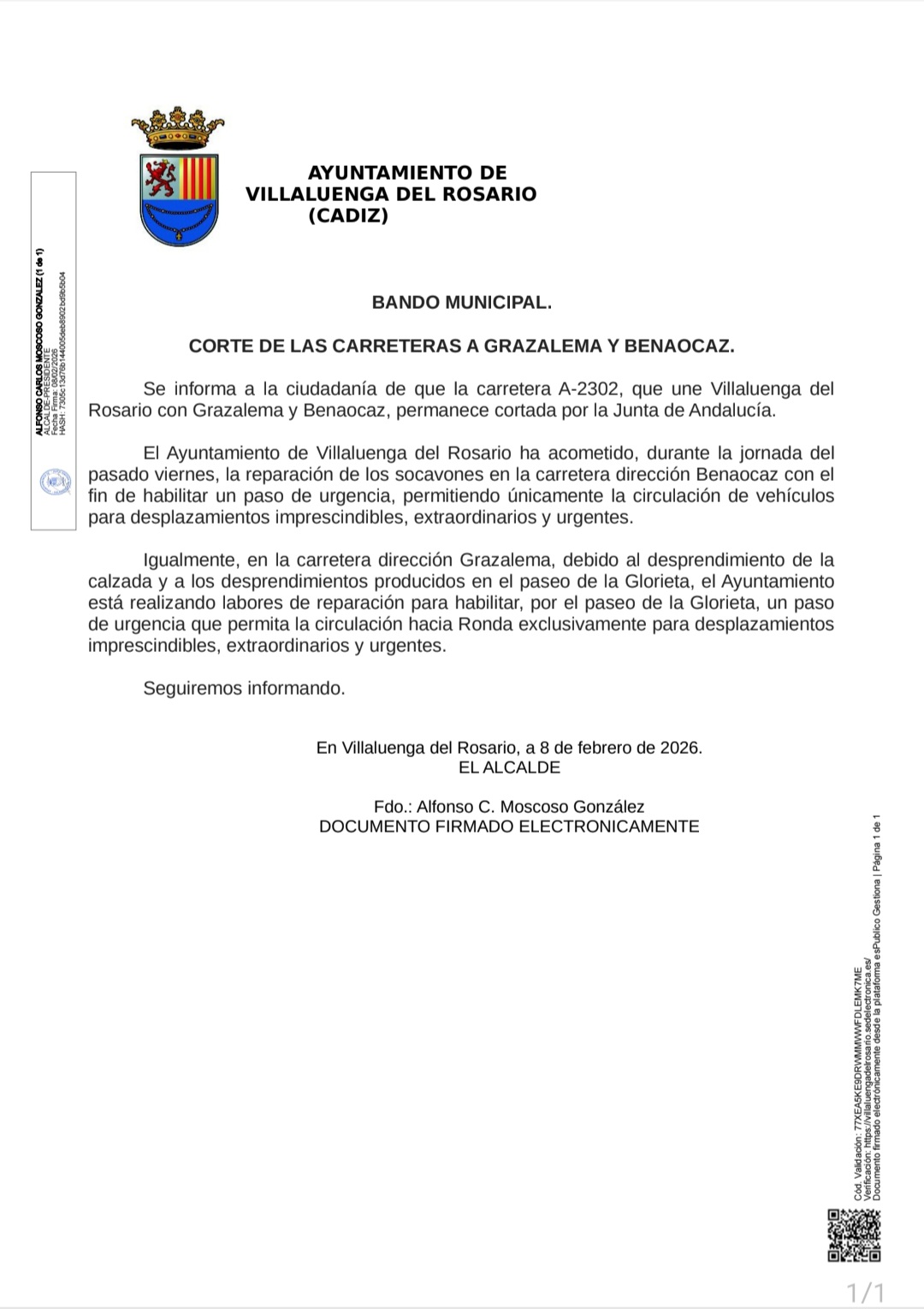 BANDO MUNICIPAL: CORTE DE LAS CARRETERAS A GRAZALEMA Y BENAOCAZ 